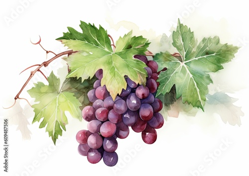 Watercolor illustration of Merlot Grapes on the vine on a white isolated background