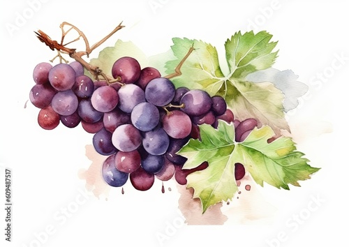 Watercolor illustration of Merlot Grapes on the vine on a white isolated background