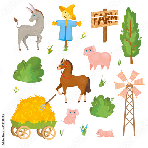 Donkey, Horse, Pig. Tractor. Farm animals and buildings. Hay. Tractor. Barn. Cattle breeding Vector illustration isolated on white background.