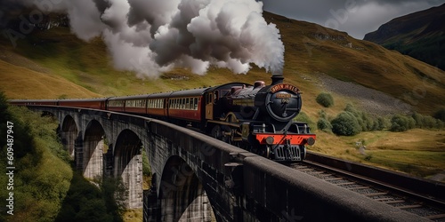 AI Generated. AI Generative. Vintage retro express train railway go in beautiful landscape on bridge. Graphic Art