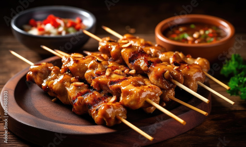 Chicken skewers - grilled meat with fresh vegetables on wooden background