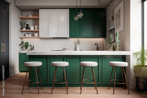 White and green kitchen corner with bar. Generative AI