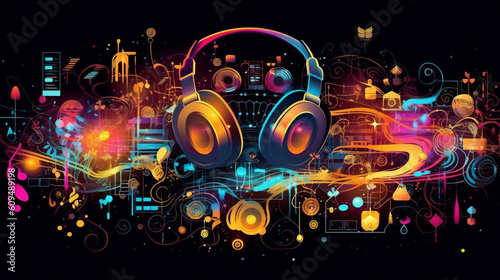 Sound Headphones Multimedia Soundsystem abstrakt bunt im 16:9 Format. Generative Ai.
