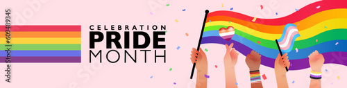 PRIDE month banner of people hold rainbow flag with sign language hands supporting pride month celebration. Vector illustration template.