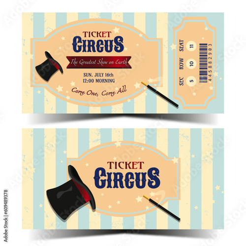 Circus ticket template. Front and back. Carnival ticket. Ready to print. Cmyk vector illustration