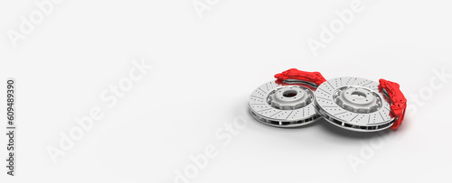 3d render of an illustration of an automobile spare part. Caliper and brake disc of the car. Illustration on the topic of spare parts, cars, speed, safety.