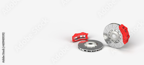3d render of an illustration of an automobile spare part. Caliper and brake disc of the car. Illustration on the topic of spare parts, cars, speed, safety.