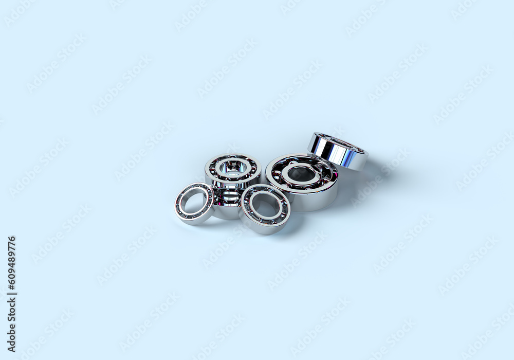 3d render illustration of a pattern of metal bearings. Illustration on the topic of mechanisms, mechanics, technologies, production, industry. Blue background. 3d render illustration of a pattern of metal bearings. Illustration on the topic of mechanisms, mechanics, technologies, production, industry. Blue background.
