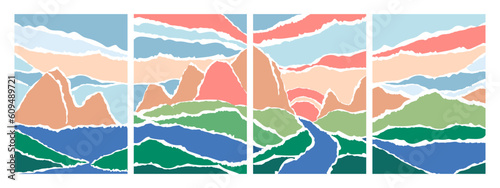Set of Abstract Landscapes. Torn Paper art with sky, field, river, sea, grass, hills, horizon. Flat nature design. Tourism or travel concept. Hand ripped paper trendy Vector illustration