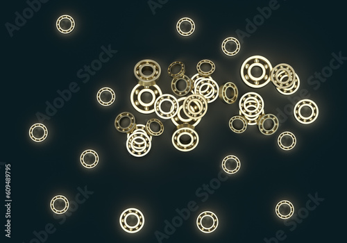 3d render illustration of a pattern of gold bearings. Illustration on the topic of mechanisms, mechanics, technologies, production, industry. Dark background