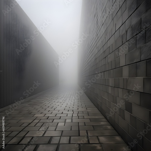two walls with a tunnel between them and a foggy light
