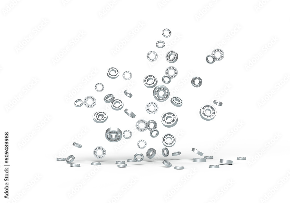 3d render illustration of a pattern of metal gray bearings. Illustration on the topic of mechanisms, mechanics, technologies, production, industry. Transparent background.