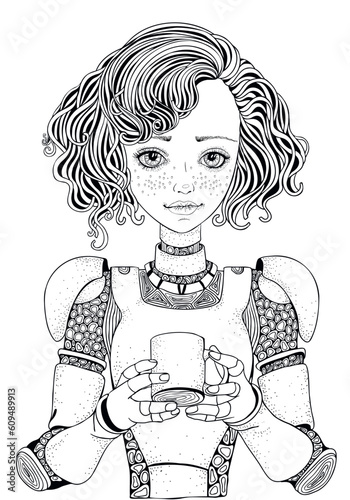 Black And White Coloring Book Page For Adult. Beautiful Girl teenager Robot android drinks Coffee. Isolated on the white background. Zentangle style.