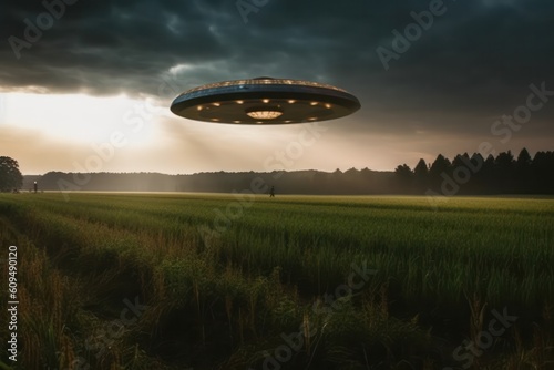 UFO  alien spacecraft with a blue beam of light  hovered over the field and farm. realistic illustration. Generative AI