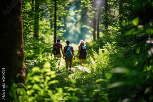 A group of friends hiking through a lush forest, vacation, bokeh Generative AI