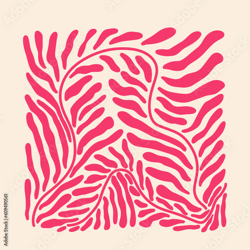 Aesthetics of Matisse's curves. Groovy abstract postcards with patterns. Flower drawings, botanical art. Fashionable organic style of naive retro hippies of the 60-70's. Mother's Day vector background