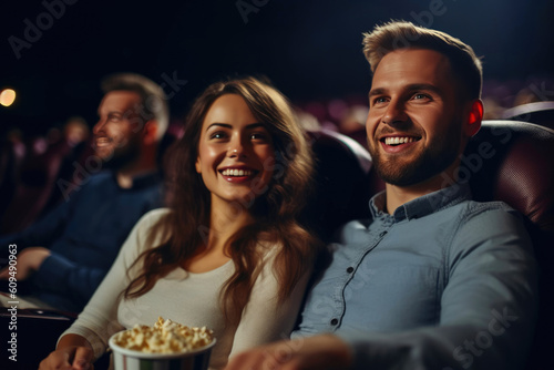 Happy young couple sitting at the cinema and enjoys watching the movie. Generative AI