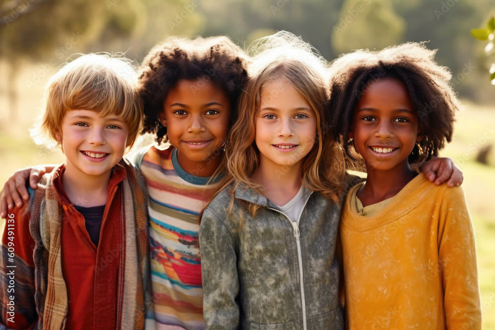 Obraz premium Joyful Multicultural Children Bonding in the Country. Generative AI