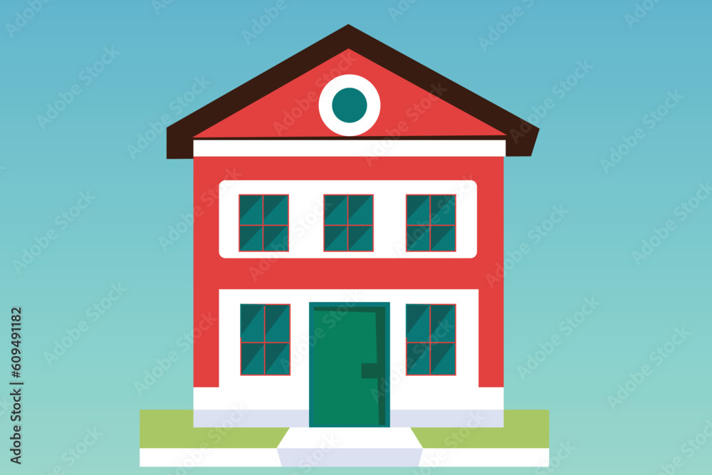 School with a green lawn. Icon. Flat vector illustration isolated on Any color of the background, School building in flat style. Modern school, college building. Vector illustration
