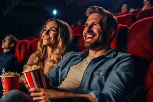 Romantic Film Delight: Smiling Couple Cherishing Cinema. Generative AI