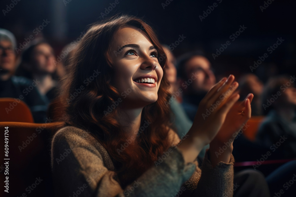 Closeup amazed woman applauding at movie premiere in dark hall. Portrait of smiling girl enjoying film in movie theater. Generative AI