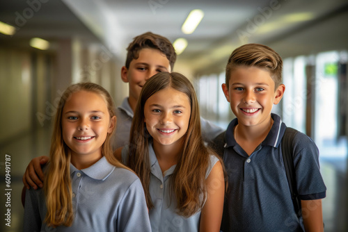 Cheerful Young Scholars in the School Corridor. Generative AI