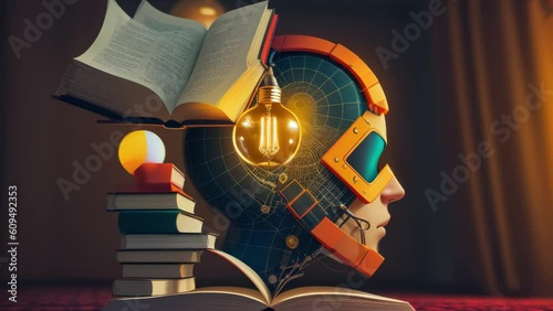Colorful mind on books. Ideas and knowledge concept illustration. Generative ai