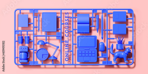 Minimal background for education concept. Blue plastic model assembly kit of online courses object on pink background. 3d rendering illustration. Object isolate clipping path included.