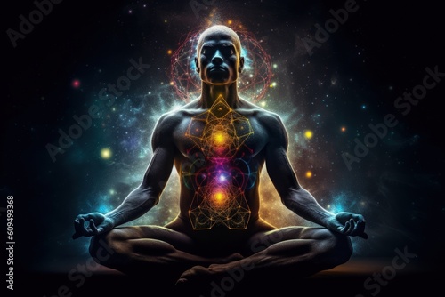 Human chakra, buddhism, meditating. Refers to energy points in your body. Chakra therapies, yoga, healing. Disks, of spinning energy to certain nerve bundles and major organs. Generative AI © Ирина Батюк