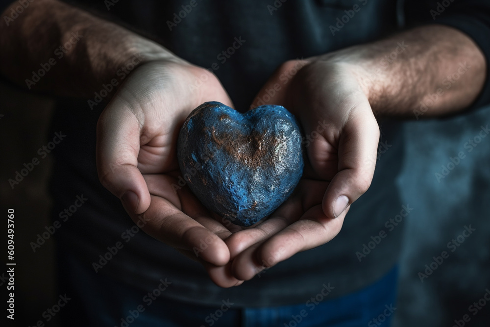 Man hands holding a blue heart. Father's day concept. High quality photo Generative AI Man hands holding a blue heart. Father's day concept. High quality photo Generative AI