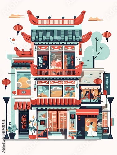 illustration of China town, line art style - Generated by Generative AI