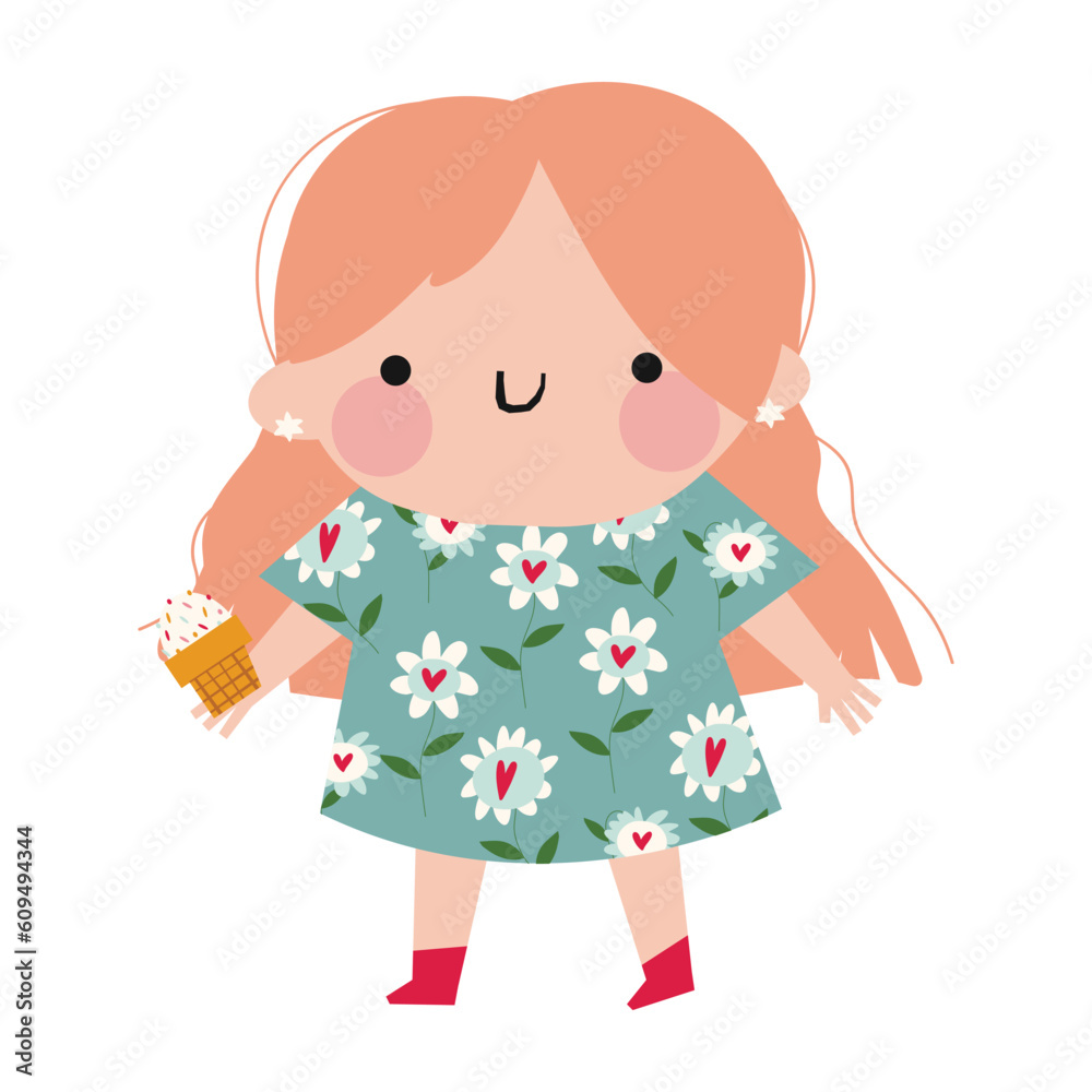 cute cartoon girl with red hair and in a blue dress with ice cream in her hands. isolated vector illustration cute cartoon girl with red hair and in a blue dress with ice cream in her hands. isolated vector illustration