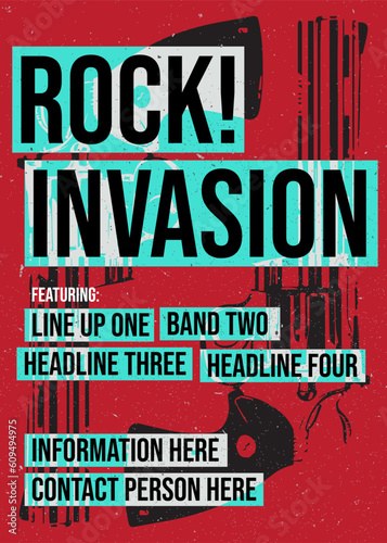 rock invasion festival or fest, gig or gigs poster, brochure or pamphlet, for band or event, punk, metal, pop loud music, rock and roll