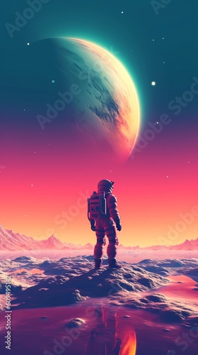 Astronaut on an alien planet. exploration of the science fiction universe.