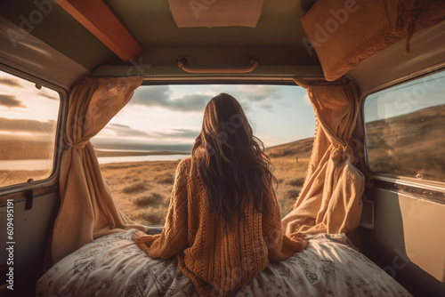 Rear view of woman sitting in van looking at beautiful nature view