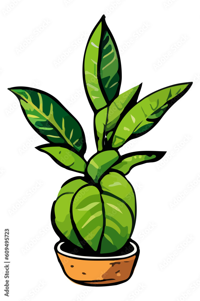 Urban jungle, trendy home decor with plant, cacti, tropical leaves in stylish pot. Vector illustration