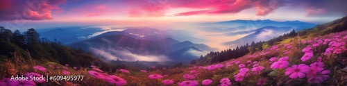 3D Illustration of a Pink Flower Field with Mountain View generated by AI