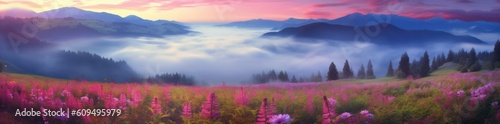 Dreamy Nature of a 3D Pink Flower Farm and Sunny Mountain Peaks generated by AI