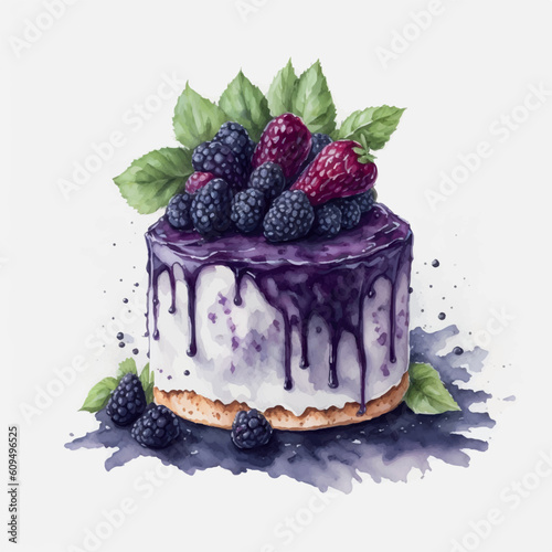 blackberry cake watercolor on white background
