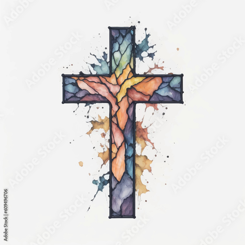 cross-shaped stained glass watercolor on white background