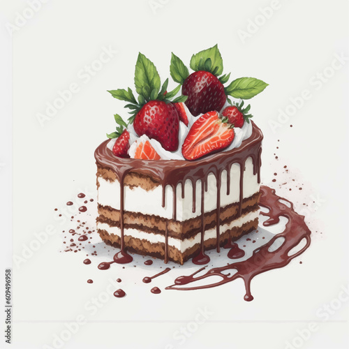 chocolate tiramisu watercolor with strawberries white background