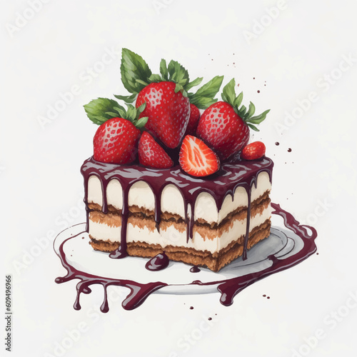 chocolate tiramisu watercolor with strawberries white background