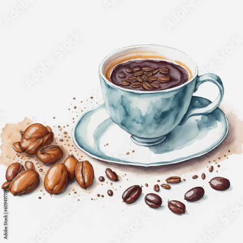 elegant watercolor coffee cup with coffee beans and colombian sweets on white background