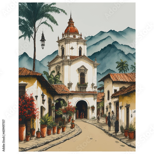 Elegant detailed vintage watercolor painting of Colombia in vibrant high contrast tones