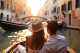 A couple enjoying a romantic gondola ride through picturesque canals, vacation, bokeh Generative AI