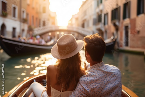 Fotobehang A couple enjoying a romantic gondola ride through picturesque canals, vacation,