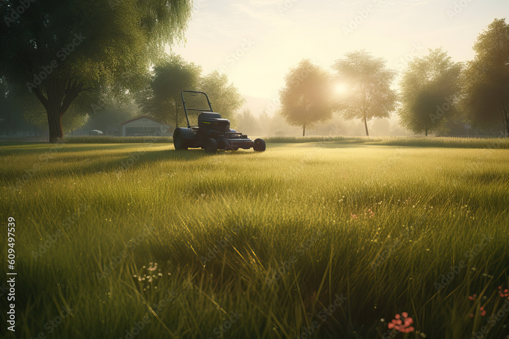 Fototapeta premium Lawn mover on green grass on a warm summer morning, Generative AI