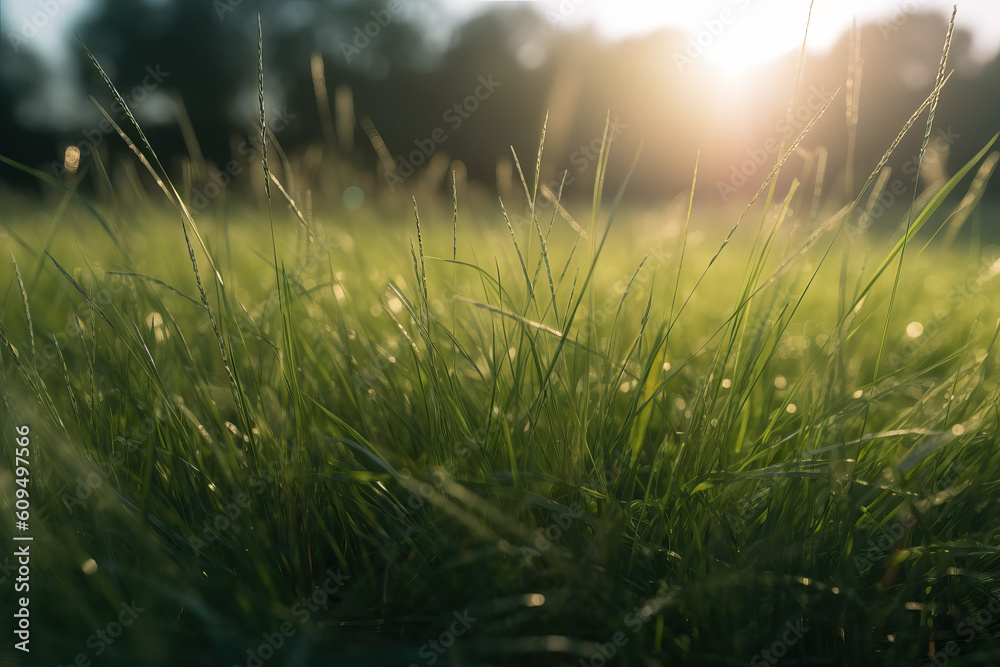 Freshly cut grass on a warm summer morning. Sharp focus, Generative AI