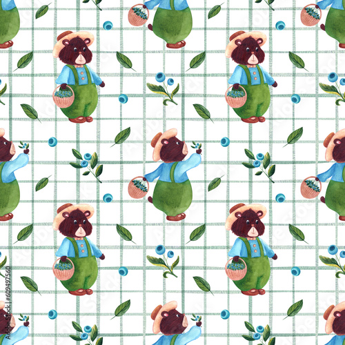 Seamless watercolor pattern with blueberry and cute bear on white chekered background in nursery style