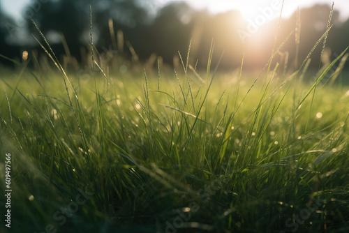 Freshly cut grass on a warm summer morning. Sharp focus, Generative AI